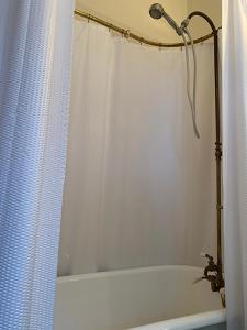 昆西Historic Queen Anne Mansion的一间带白色淋浴帘的浴室