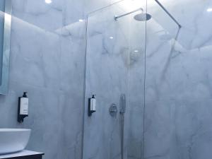 地拉那Star Hotel Astir的浴室里设有玻璃门淋浴