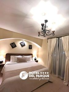 瓦曼特拉Hotel Del Parque的一间卧室配有一张床和一个吊灯