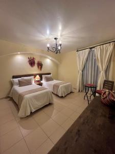瓦曼特拉Hotel Del Parque的一间卧室配有两张床和吊灯。