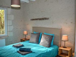 ChédignyGîte Chédigny, 3 pièces, 4 personnes - FR-1-381-480的一间卧室配有一张带蓝色床单的床和两盏灯。