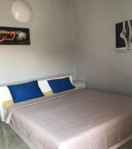 波德戈里察*Ana Maria*Hostel/rooms&bunk bed的一间卧室配有蓝色和黄色枕头的床