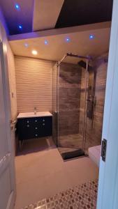 雅西Terrace Suites Iasi的带淋浴和盥洗盆的浴室