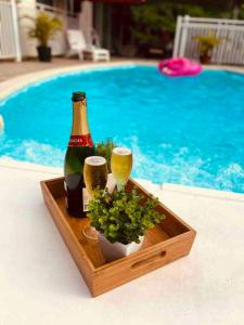戈亚夫Villa de 3 chambres avec piscine privee jardin clos et wifi a Goyave a 6 km de la plage的木托盘,带两杯和一瓶葡萄酒