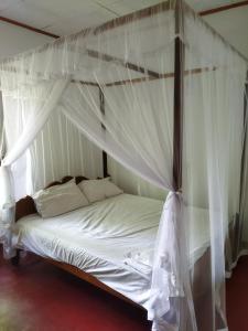 希克杜沃Guruge villa的卧室配有带白色窗帘的天蓬床