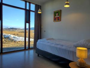 雷克雅未克Víðines Guesthouse的一间卧室设有一张床和一个大窗户