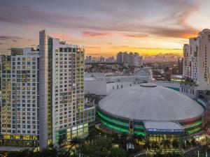 马尼拉Novotel Manila Araneta City Hotel的享有城市天际线美景,设有一座建筑