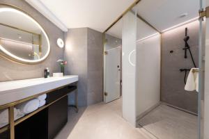 惠州惠州金山湖港惠轻居酒店的一间带水槽和淋浴的浴室