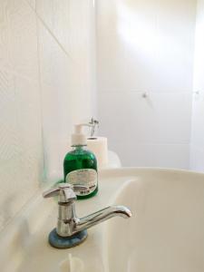 库穆鲁沙蒂巴Chalé Ilha Verde-Cumuruxatiba的浴室水槽和绿色肥皂瓶