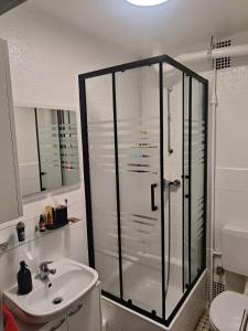 布伦瑞克Brunswick Central Charm: Cozy City Room!的带淋浴和盥洗盆的浴室