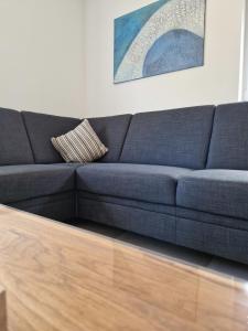 哈塞吕内Haus Riehe - b50841的客厅铺有木地板,配有蓝色沙发。