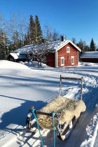 HyrynsalmiHoliday Home Laattajan hirsipirtti by Interhome的雪橇在房子前面