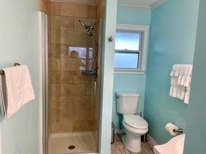 迈尔斯堡海滩弗拉明戈汽车旅馆的一间带卫生间和淋浴的浴室