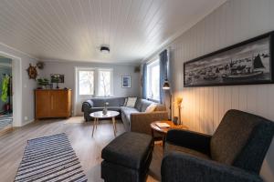 雷讷Cozy House By The Fjord In The Heart Of Lofoten的客厅配有沙发和两把椅子