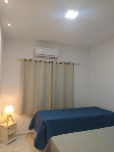 雅克南Beach House Praia de Carapibus的一间卧室配有一张带蓝色毯子的床和窗户。