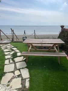 拉纳卡Mariliz的海滩附近的草地上木凳