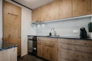 艾姆敦Apartment Bergdohle的一个带木制橱柜和水槽的厨房