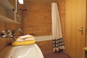 艾姆敦Apartment Kaiser的浴室配有盥洗盆、淋浴和毛巾