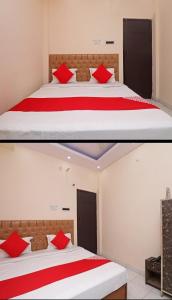 勒克瑙Hotel moon place的卧室两张照片,配有两张带红色枕头的床