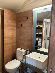 利亚内斯里约普隆营地旅馆的一间带卫生间、水槽和镜子的浴室