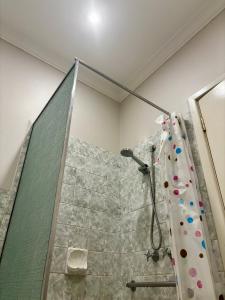 诺瑟姆Charming Brick Homestay Room in Northam的带淋浴和浴帘的浴室