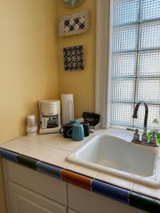 印第安纳波利斯Fountainview Inn的带水槽的厨房台面和窗户