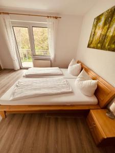 布尔根Hotel | Restaurant | Forellenzucht的一间卧室设有两张床和大窗户