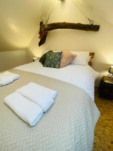 卡马森Barnaby’s Barn的一间卧室配有两张床和白色毛巾。