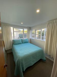 旺格努伊Birch Court - Tui的一间卧室设有一张床和两个窗户。