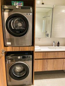 雷克雅未克Aurora Lights Retreat的厨房配有洗衣机和水槽