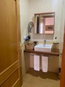 卡塞雷斯Apartamentos Caceres的浴室配有盥洗盆、镜子和毛巾