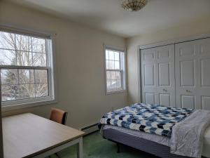 夏洛特顿Amy's house的一间卧室配有一张床、一张桌子和两个窗户