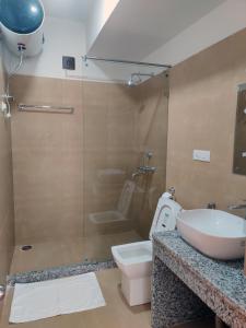 廷布Happy apartment的一间带水槽、卫生间和淋浴的浴室