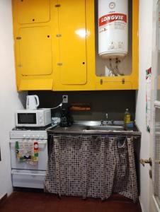 布宜诺斯艾利斯La casona de Palermo Hostel Boutique的厨房配有水槽、微波炉和炉灶