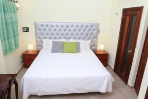 圣多明各Hotel Aluge的一间卧室配有一张带2个床头柜的大型白色床