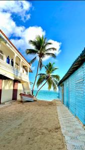 蓬塔卡纳cozy apartment near the beach los corales punta Cana.的棕榈树和海滩上的房屋