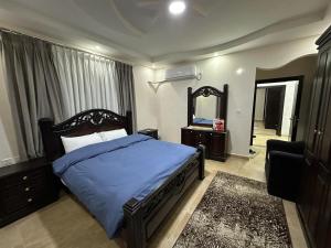 瓦迪穆萨Amro Petra Apartment的一间卧室配有一张床、镜子和椅子