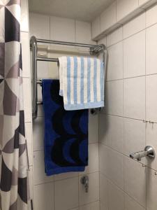 赫尔辛基Modern city studio with own patio的浴室的架子上配有蓝色和白色毛巾