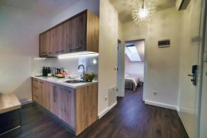 萨格勒布Casa V Luxury Apartments的一个带木制橱柜和水槽的厨房