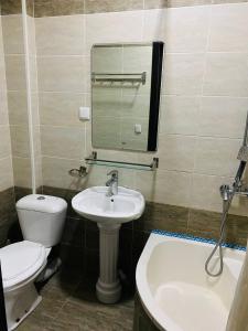 杜尚别ObodHotel的一间带卫生间、水槽和镜子的浴室