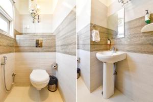 斋浦尔FabHotel Istana Inn的浴室设有卫生间和水槽,两幅图片