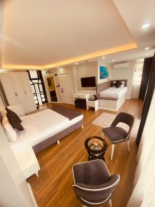 伊斯坦布尔Hodegon Suite Hotel的一间带大床的卧室和一间客厅