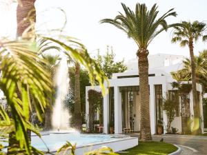 罗希姆诺格雷科泰克雷塔皇庭酒店的棕榈树和喷泉的白色房子