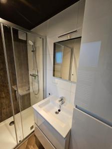 雷嫩Vakantiepark de Thijmse Berg的白色的浴室设有水槽和淋浴。