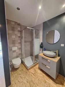 菲利普维尔Bulle des Fagnes的带淋浴、卫生间和盥洗盆的浴室