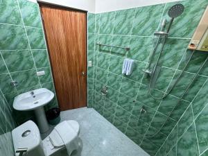 爱妮岛Desert Rose Beach Hotel的浴室配有绿色瓷砖淋浴和卫生间。