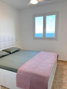 Playa del BurreroCasa Mirtilla的一间卧室设有一张床和两个窗户。