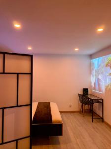 弗朗斯地区特朗布莱Atelier chaleureux - CDG的卧室配有一张床,墙上配有电视。