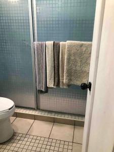提华纳Quetzal House的带淋浴、毛巾和卫生间的浴室