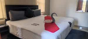 马翁Hilton Bed & Breakfast的一张床上挂着一双鞋的床